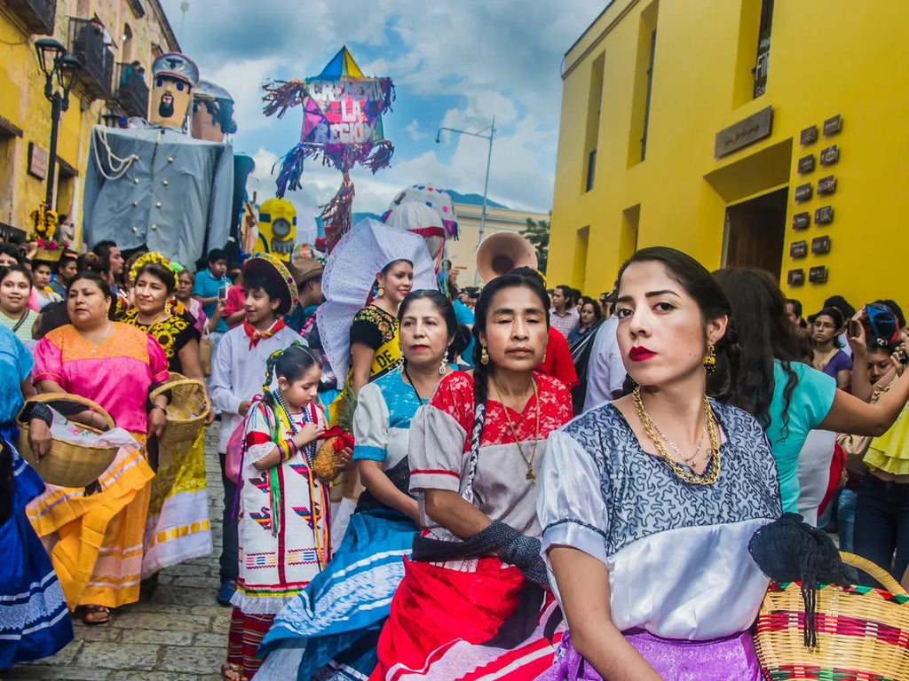 Beautiful women walking through the colourful streets of Oaxaca