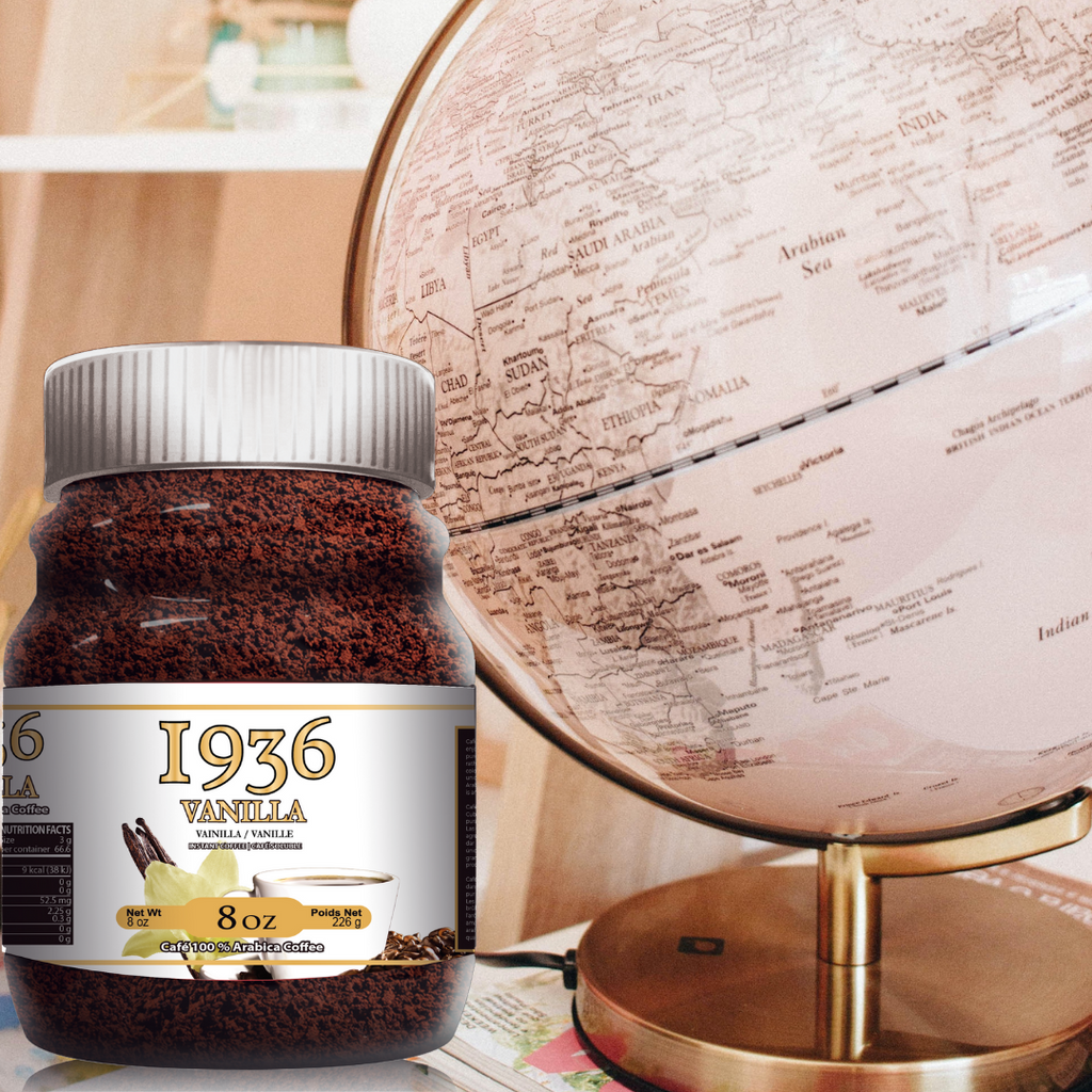 jar of 1936 vanilla instant coffee next to world globe 